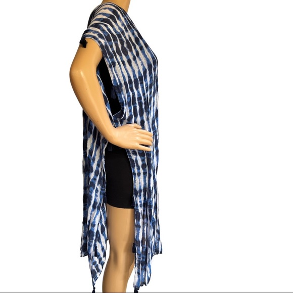 Blue & White Tie Dye Pom Pom Open Caftan Swim Cover Up - Picture 2 of 7